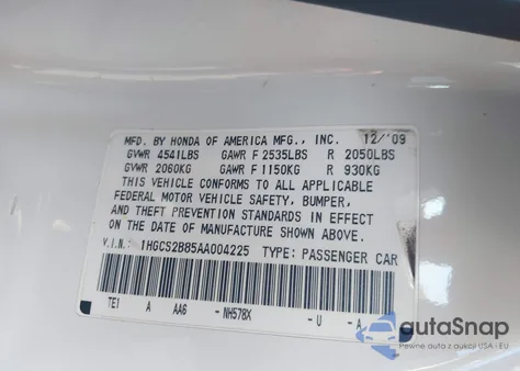 2010 Honda Accord 3.5 Ex-L from USA, damaged, VIN 1HGCS2B85AA004225